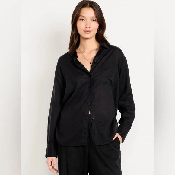 🆕 Old Navy Women's Linen-Blend Loose Button-Down Shirt Black Jack L 12-14 - Picture 1 of 13